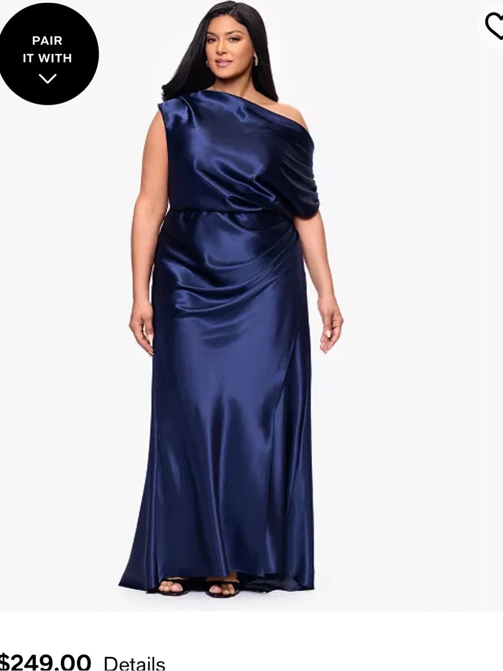 Betsy & Adam One-Shoulder Satin Gown in Navy Blue